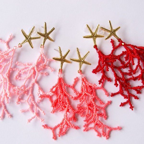 Red coral pink fringe earrings - Beaded coral branches seed bead earrings - Starfish Coral earrings - Boho Ocean style - Mindfulness gift