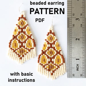 May include: A PDF pattern for beaded earrings with basic instructions. The earrings are approximately 2 inches long and feature a geometric design in brown, yellow, and white beads.