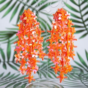 Floral drop sequin earrings Oscar De La Renta style Women Beaded Cascade Drop Earrings Orange Vibrant earrings, clip on earring Gift for her