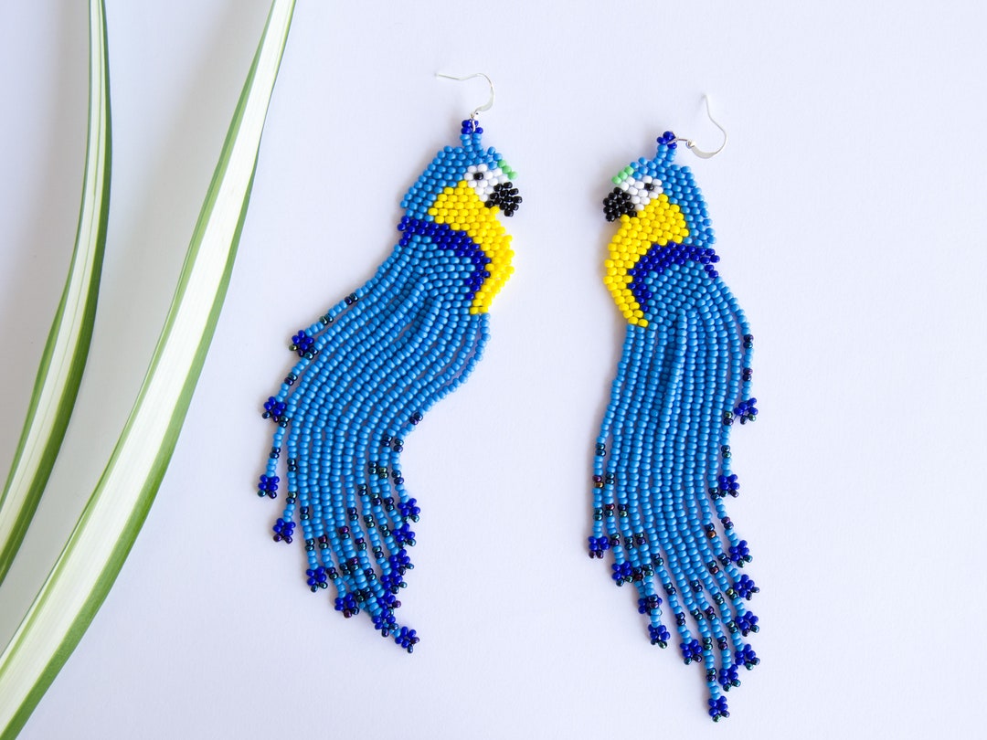 Colorful Parrot Earrings Cute Beaded Bird Very Long Earrings Etsy