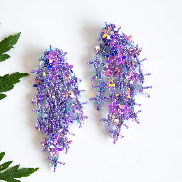 Floral drop sequin earrings, Purple Vibrant clip-on earrings, Oscar de la Renta style, Women Beaded Cascade Drop Earrings, Gift for her