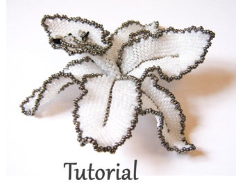 Beaded brooch White Orchid tutorial - master class for beads weaving, includes schemes and instructions, handmade flower beading intermediat