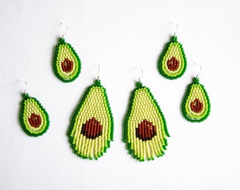 Avocado Earrings, Green beaded fringe earrings, handmade seed bead earrings, Bohemian fruity jewelry gift, silver ear wires for pierced ears