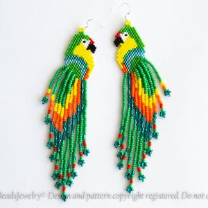 Colorful parrot earrings, cute beaded bird very long earrings, seed bead macaw, creative beadwork, Tropical Beach Boho summer gift for her