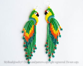 Colorful parrot earrings, cute beaded bird very long earrings, seed bead macaw, creative beadwork, Tropical Beach Boho summer gift for her