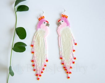 Seed bead beaded parrot earrings Kakadu Inka in beige pink color palette, Extra Long Earrings, Boho Gift for her, Summer Jewelry