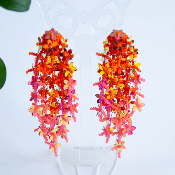 Floral drop sequin earrings, Coral Orange Vibrant clip-on earring, Oscar de la Renta style, Women Beaded Cascade Drop Earrings, Gift for her