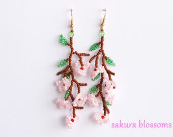 Sakura flowers beaded earrings Dangle cherry blossom for Sakura Festival 4.3 inches length