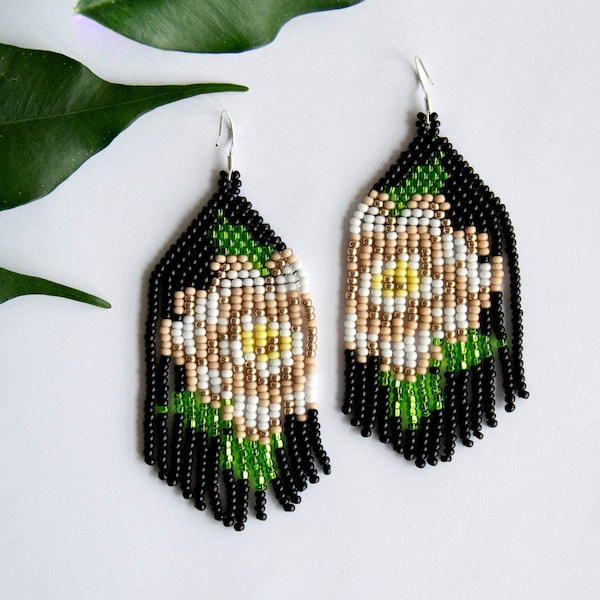 White gardenia earrings, Beaded fringe earrings, Long beaded earrings, Black earrings, Seed Bead Earrings, Bohemian earrings, Gift for women