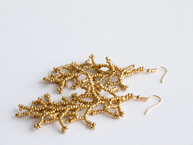 Beaded Coral Branch Earrings - Gold coral branch beadwork - Dangle coral seed bead earrings - Silver botanical earrings - Coralling Fringes image 9
