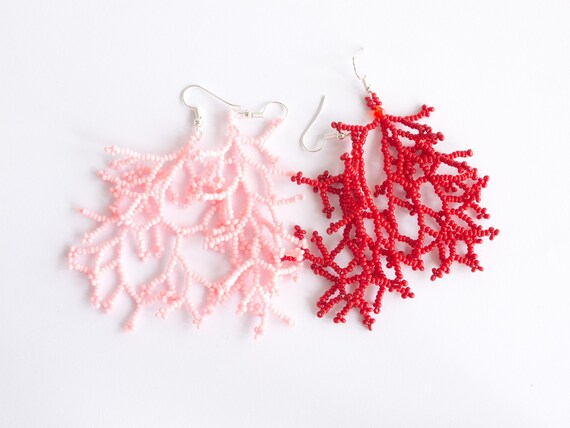 Red Coral Fringe Earrings Seed Bead Coral Branch Earrings Beaded Corralling Fringes in Nature Style Pink Coral Tassels Gift for Women Etsy