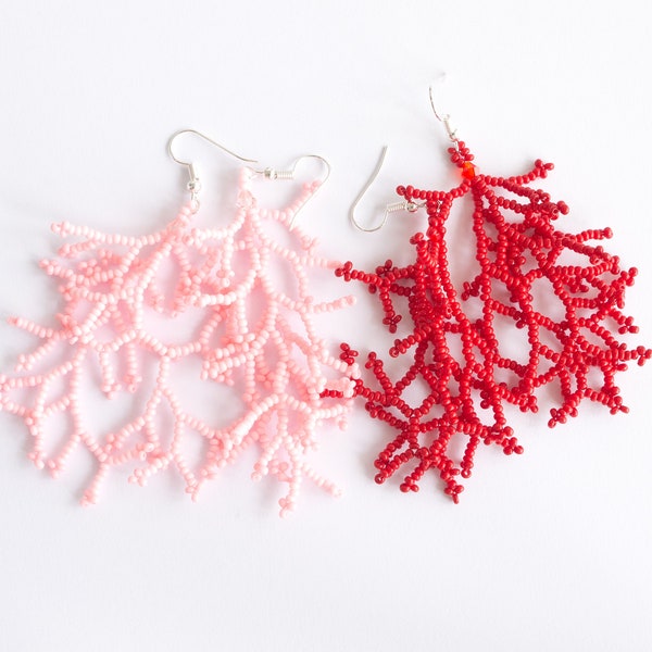 Red coral fringe earrings, Seed bead coral branch earrings, Beaded corralling fringes in nature style, Pink coral tassels, Gift for women