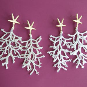 White coral wedding fringe earrings - Beaded coral branches seed bead earrings - Starfish Earrings - Boho Ocean Style - Mindfulness gift