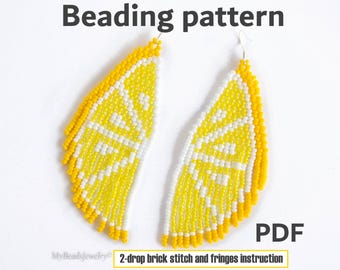 Lemon Fruit Earrings Brick stitch earring pattern Beadweaving pattern Seed bead earrings Boho Beaded fringe earring DIY Beading tutorial PDF