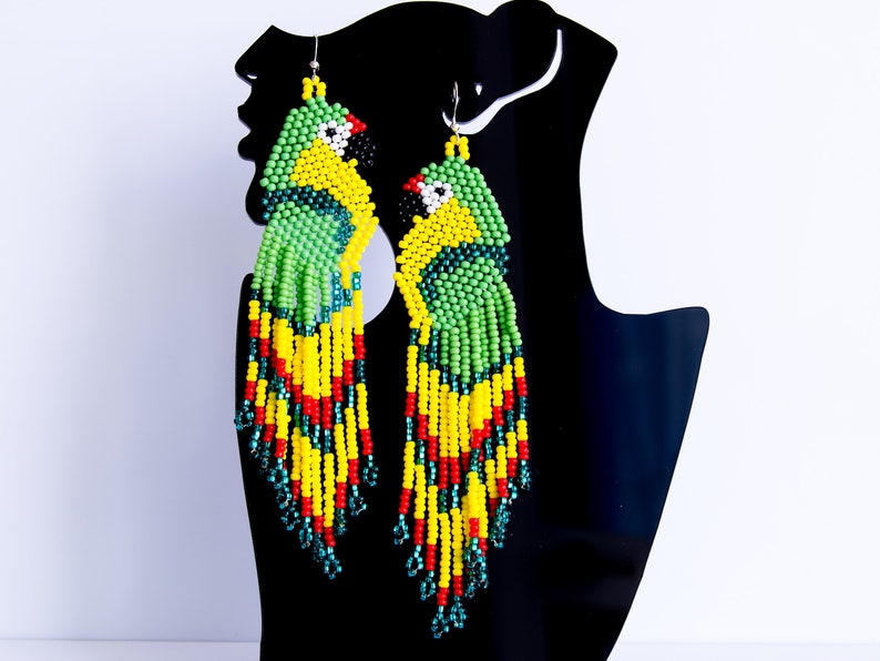 Colorful Parrot Earrings Beaded Long Green Bird Earrings Etsy