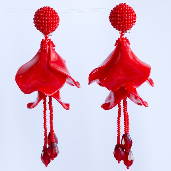 Pendientes grandes de flores de impatiens, Pendientes rojos de boda estilo Oscar de la Renta, Pendientes de clip de flores grandes, Pendientes de cóctel Regalo para ella