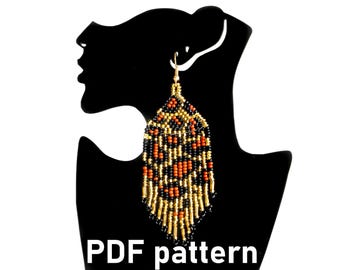Brick stitch earring pattern - Cheetah Earrings - Bead weaving pattern - Seed Bead Earrings - Beaded fringe earring DIY Beading tutorial PDF