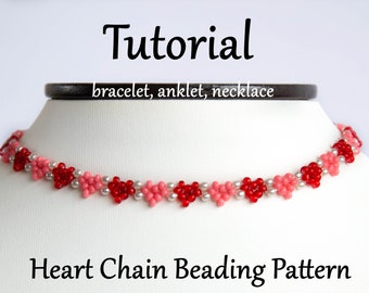 Valentine's Heart Beading Tutorial, Seed Bead Hearts Daisy Chain beaded bracelet anklet necklace, Bead weaving pattern PDF instruction DIY