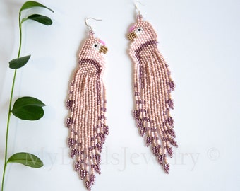 Long Dangle Bird Earrings - Beaded Parrot Earrings - Tropical Beach Jewelry - Beige & Lilac Summer Earrings - Statement Gift for Women