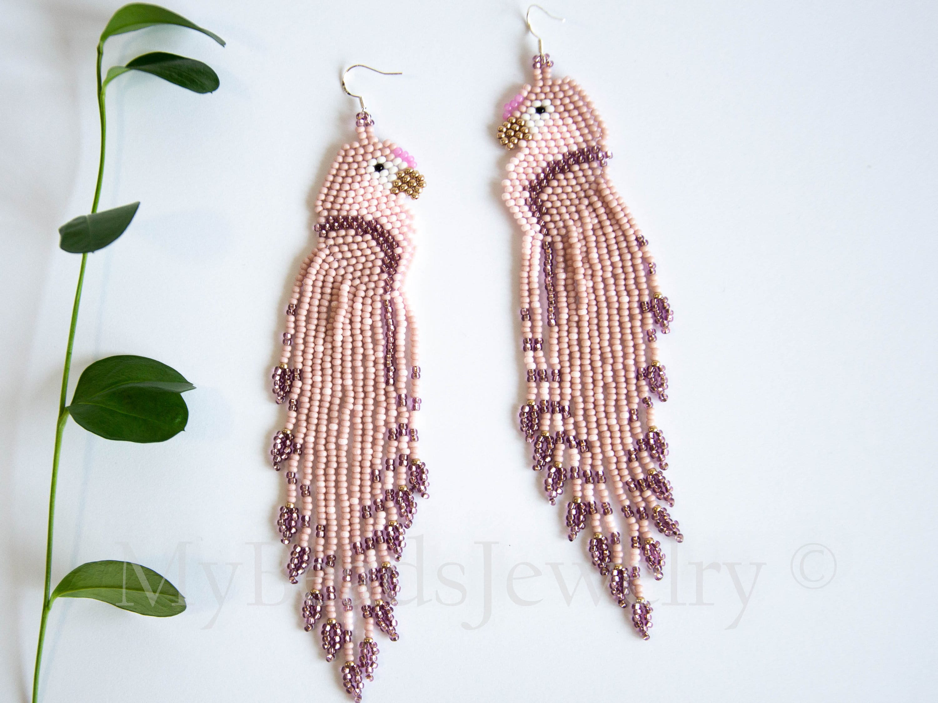 Long Dangle Bird Earrings - Beaded Parrot Earrings - Tropical Beach Jewelry - Beige & Lilac Summer Earrings - Statement Gift for Women