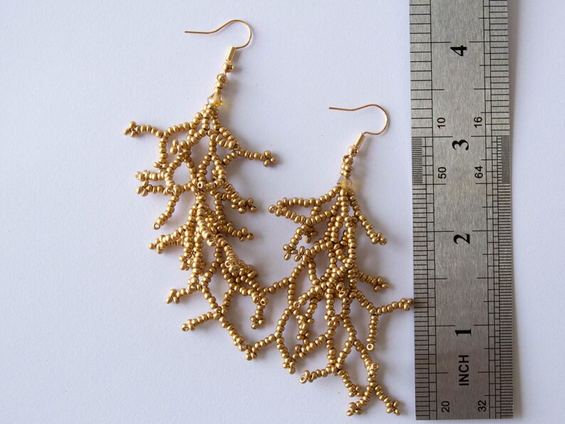 Beaded Coral Branch Earrings - Gold coral branch beadwork - Dangle coral seed bead earrings - Silver botanical earrings - Coralling Fringes image 8