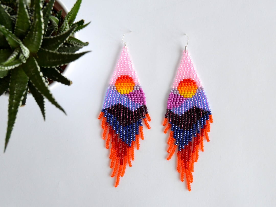 ピアス Fringe Mixed Color Earrings Sunset Sunrise Earrings, Beaded Fringe Earrings Mountain Sun