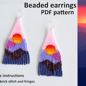 Sunset Earrings Brick stitch earring pattern Bead weaving pattern Seed bead earrings Boho Sun Beaded fringe earring DIY Beading tutorial PDF
