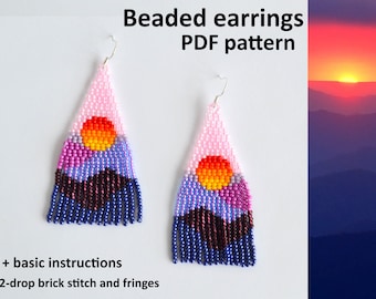 Sunset Earrings Brick stitch earring pattern Bead weaving pattern Seed bead earrings Boho Sun Beaded fringe earring DIY Beading tutorial PDF