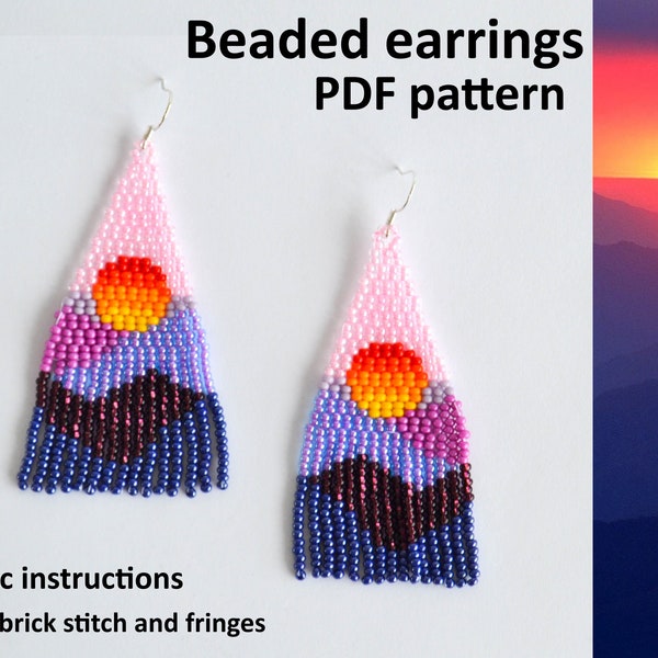 Sunset Earrings Brick stitch earring pattern Bead weaving pattern Seed bead earrings Boho Sun Beaded fringe earring DIY Beading tutorial PDF