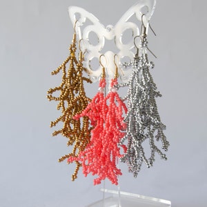 Beaded Coral Branch Earrings - Gold coral branch beadwork - Dangle coral seed bead earrings - Silver botanical earrings - Coralling Fringes image 5
