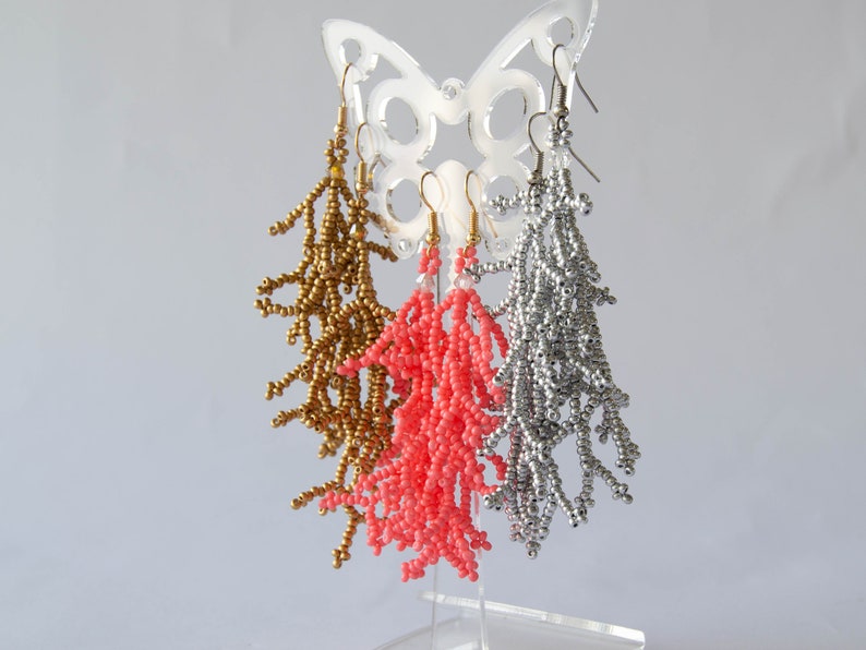 Beaded Coral Branch Earrings - Gold coral branch beadwork - Dangle coral seed bead earrings - Silver botanical earrings - Coralling Fringes image 5
