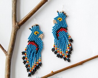 Blue parrot earrings, Macaw parrots, Beaded Bird Earrings, Creative Beadwork, Boho summer seed bead jewelry, Tropical earrings, Gift For Her