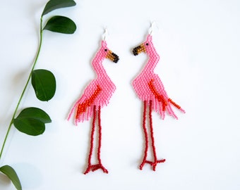 Flamingo Earrings - Long Dangle Bird Earrings - Tropical Beach Jewelry - Pink Bird Earrings - Statement Gift for Women - Lightweight Summer