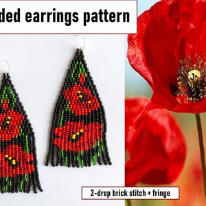 Red Poppy Earrings Brick stitch earring pattern Bead weaving pattern Seed bead earrings Beaded fringe earring DIY Beading tutorial PDF