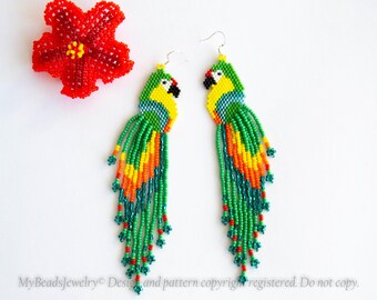 Colorful parrot earrings, cute beaded bird very long earrings, seed bead jewelry, creative beadwork, Tropical Beach Boho summer gift for her