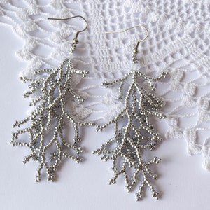 Beaded Coral Branch Earrings - Gold coral branch beadwork - Dangle coral seed bead earrings - Silver botanical earrings - Coralling Fringes Silver