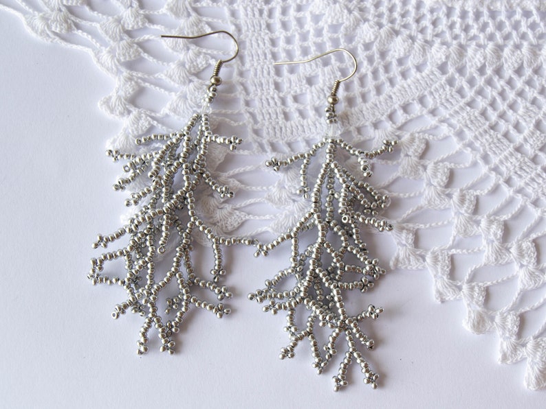 Beaded Coral Branch Earrings - Gold coral branch beadwork - Dangle coral seed bead earrings - Silver botanical earrings - Coralling Fringes Silver