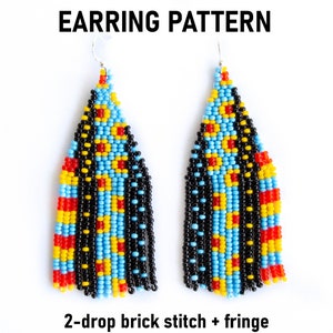May include: A pair of beaded earrings with a 2-drop brick stitch and fringe pattern. The earrings are made with black, red, yellow, and blue beads.