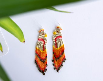 Orange parrot earrings, cute beaded bird very long earrings, seed bead jewelry, creative beadwork, Tropical Beach Boho summer gift for her