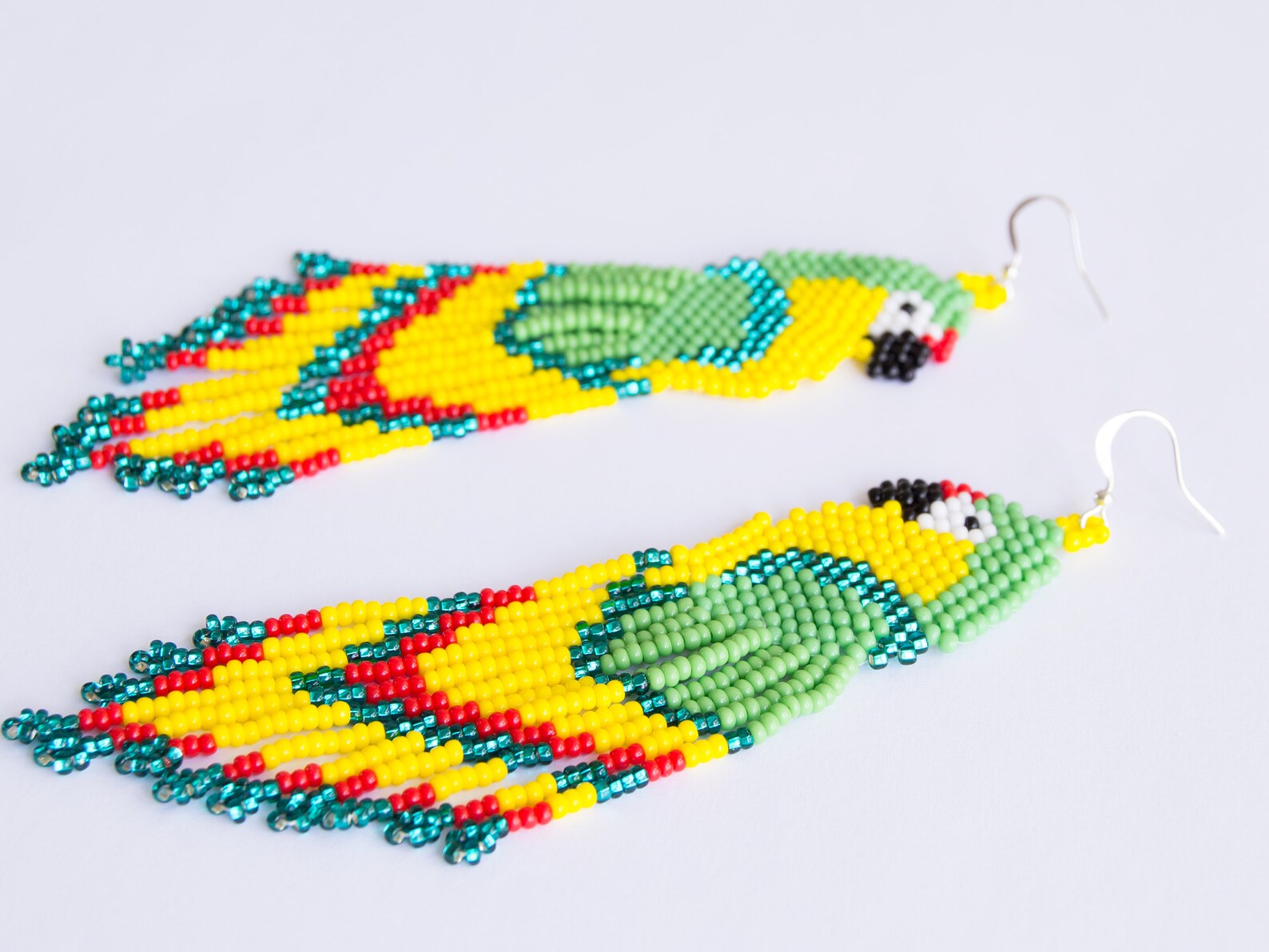Colorful parrot earrings beaded long green bird earrings Etsy