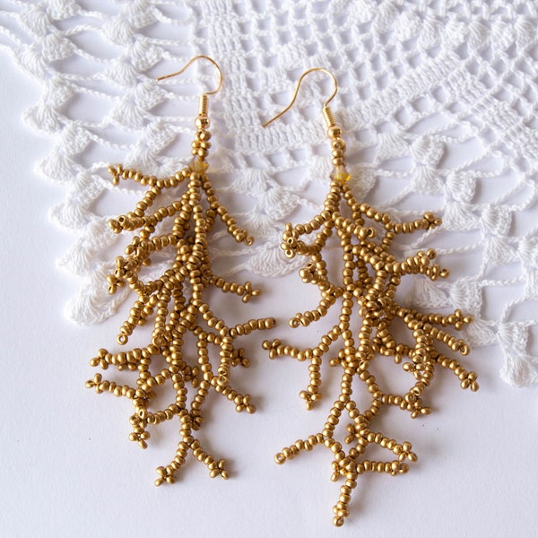 Beaded Coral Branch Earrings - Gold coral branch beadwork - Dangle coral seed bead earrings - Silver botanical earrings - Coralling Fringes