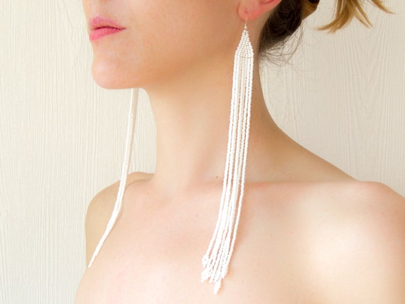 White Extra Long Earrings Shoulder Duster Earrings Creative Beadwork Very Long Fringe Earrings Long White Earrings for Women Etsy