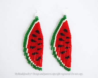Watermelon Earrings, Fruit Slice beaded fringe earrings, highquality beadwork gift for her, seed bead earrings, silver earwires pierced ears