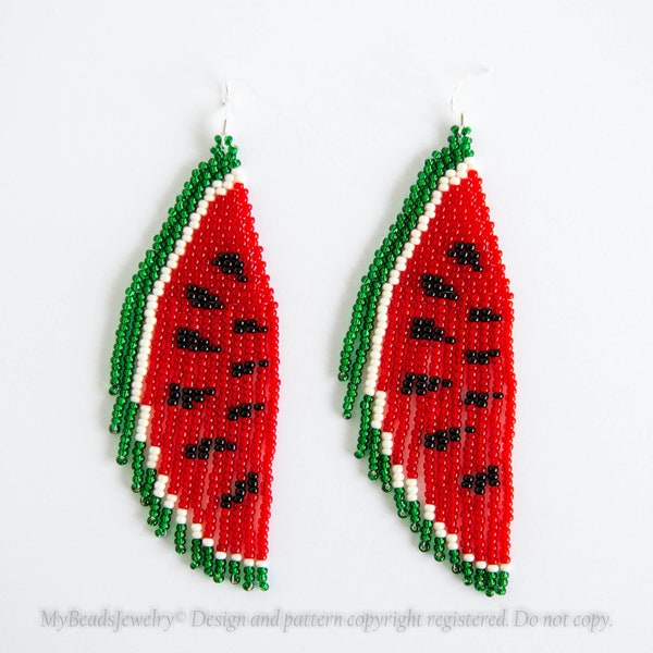 Watermelon Earrings, Fruit Slice beaded fringe earrings, highquality beadwork gift for her, seed bead earrings, silver earwires pierced ears