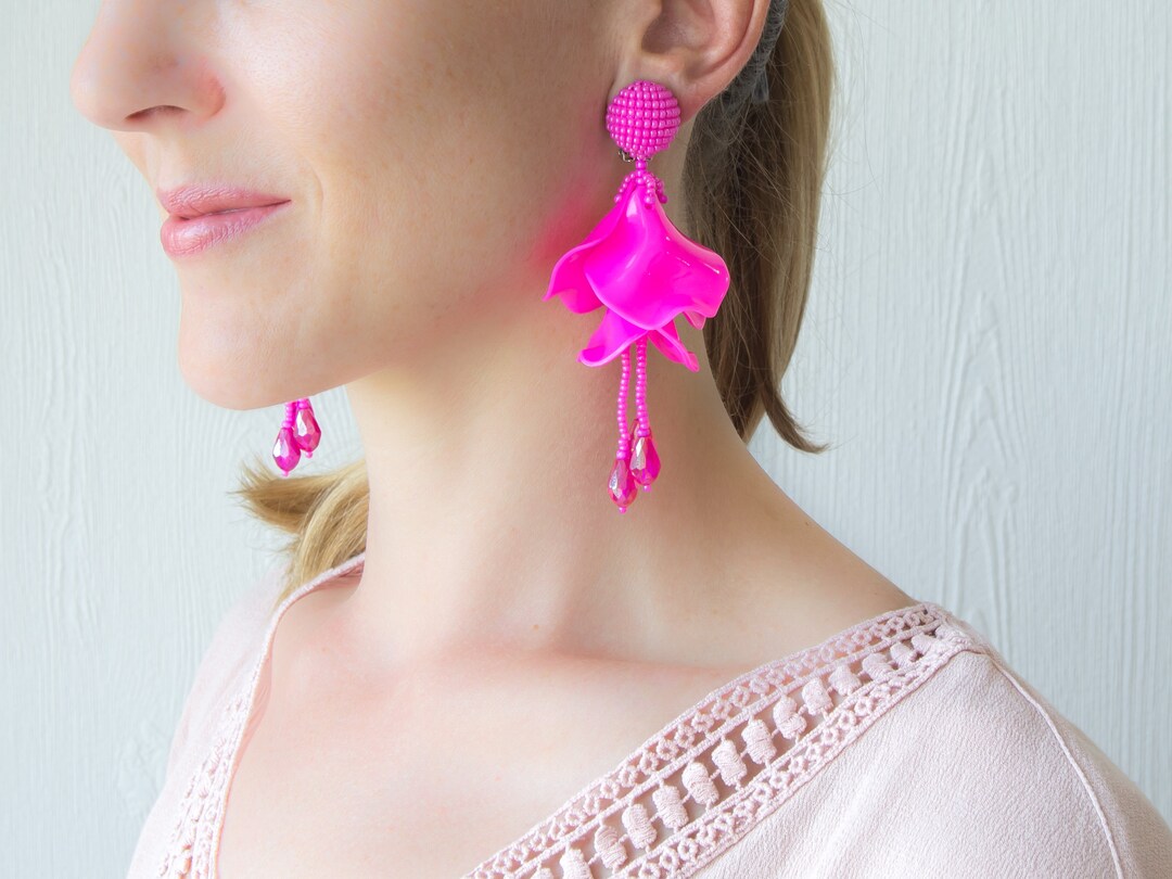 Fuchsia Pink Impatiens Flower Drop Earrings Oscar De La Renta - Etsy