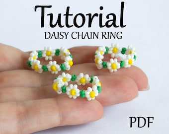 Samouczek na pierścionek z koralikami w kształcie stokrotek, biżuteria z koralikami DIY, łatwy przewodnik dla początkujących na temat koralikowania, instrukcja w formacie PDF, jak zrobić pierścionki z koralikami nasiennymi