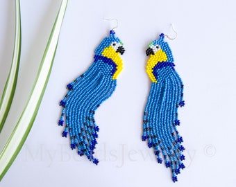 Colorful parrot earrings, cute beaded bird very long earrings, seed bead jewelry, creative beadwork, Tropical Beach Boho summer gift for her