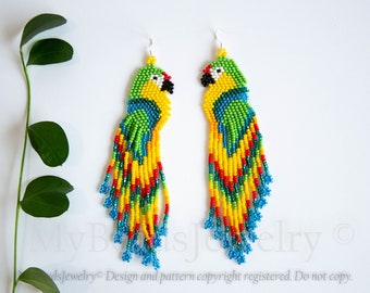 Colorful parrot earrings, cute beaded bird very long earrings, seed bead jewelry, creative beadwork, Tropical Beach Boho summer gift for her