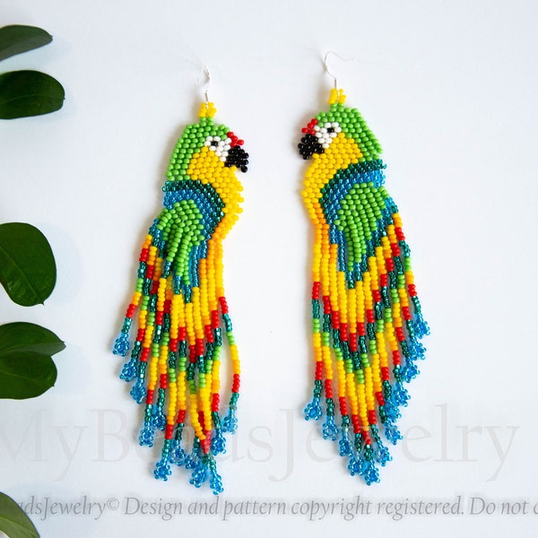Colorful parrot earrings, cute beaded bird very long earrings, seed bead jewelry, creative beadwork, Tropical Beach Boho summer gift for her
