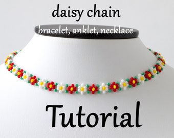 Tutorial de pulsera, tobillera y collar con cuentas de semillas en forma de cadena de margaritas – Patrón de tejido de cuentas (PDF)